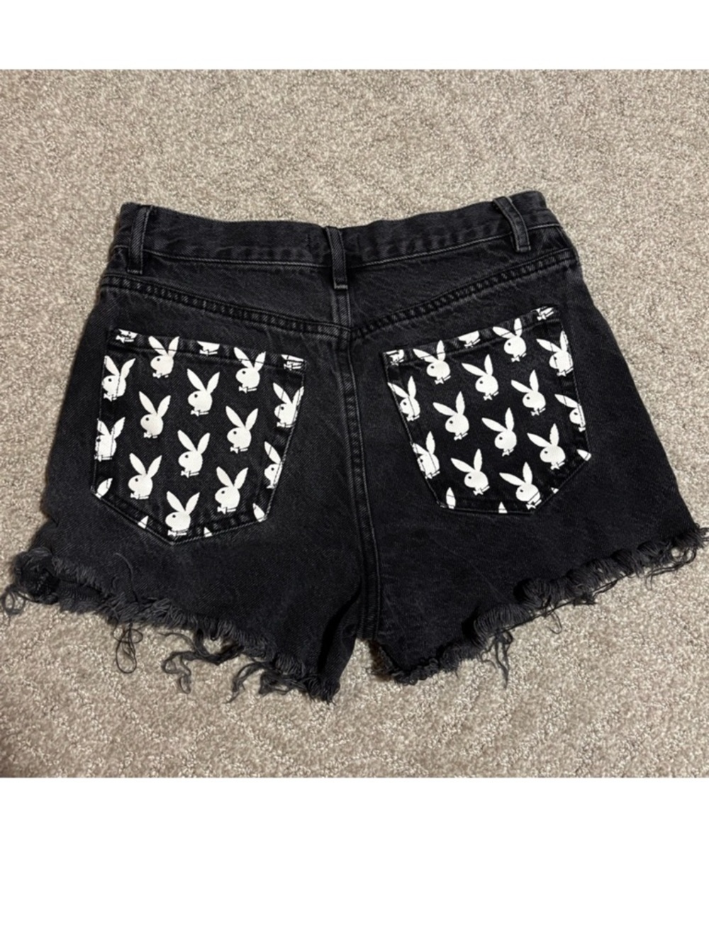 PLAYBOY Black Denim High-Waist Shorts with White Bunny Pocket Print